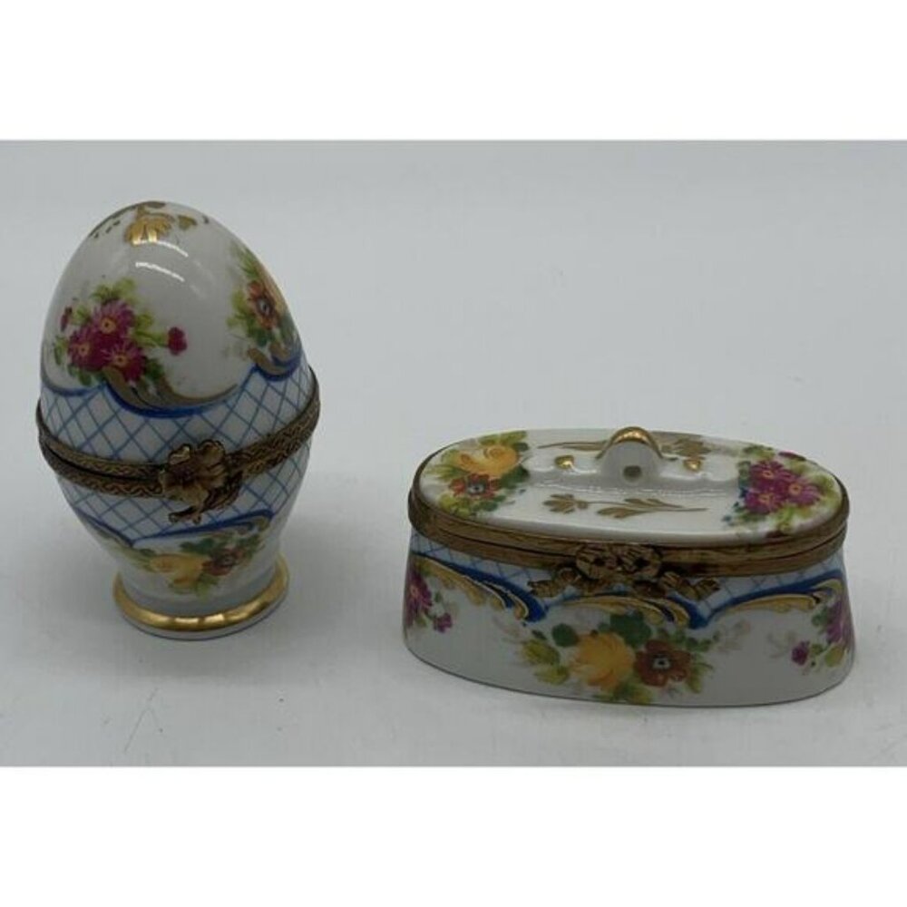 Limoges France Spring Floral Trinket Boxes Stand Up Egg & Tobacco Box Bow Clasp